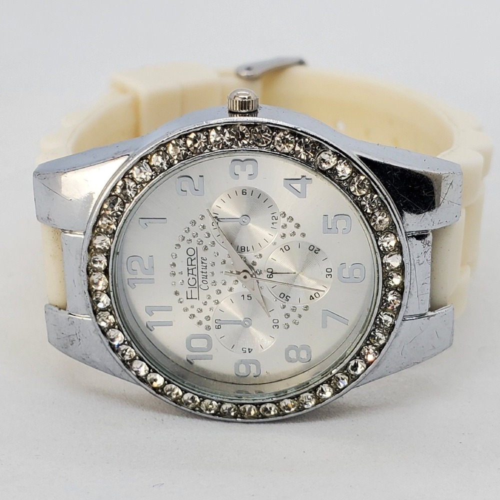 Figaro Couture Women Watch 36MM Crystal Bezel Gray Dial Cream Bands New‎ Battery